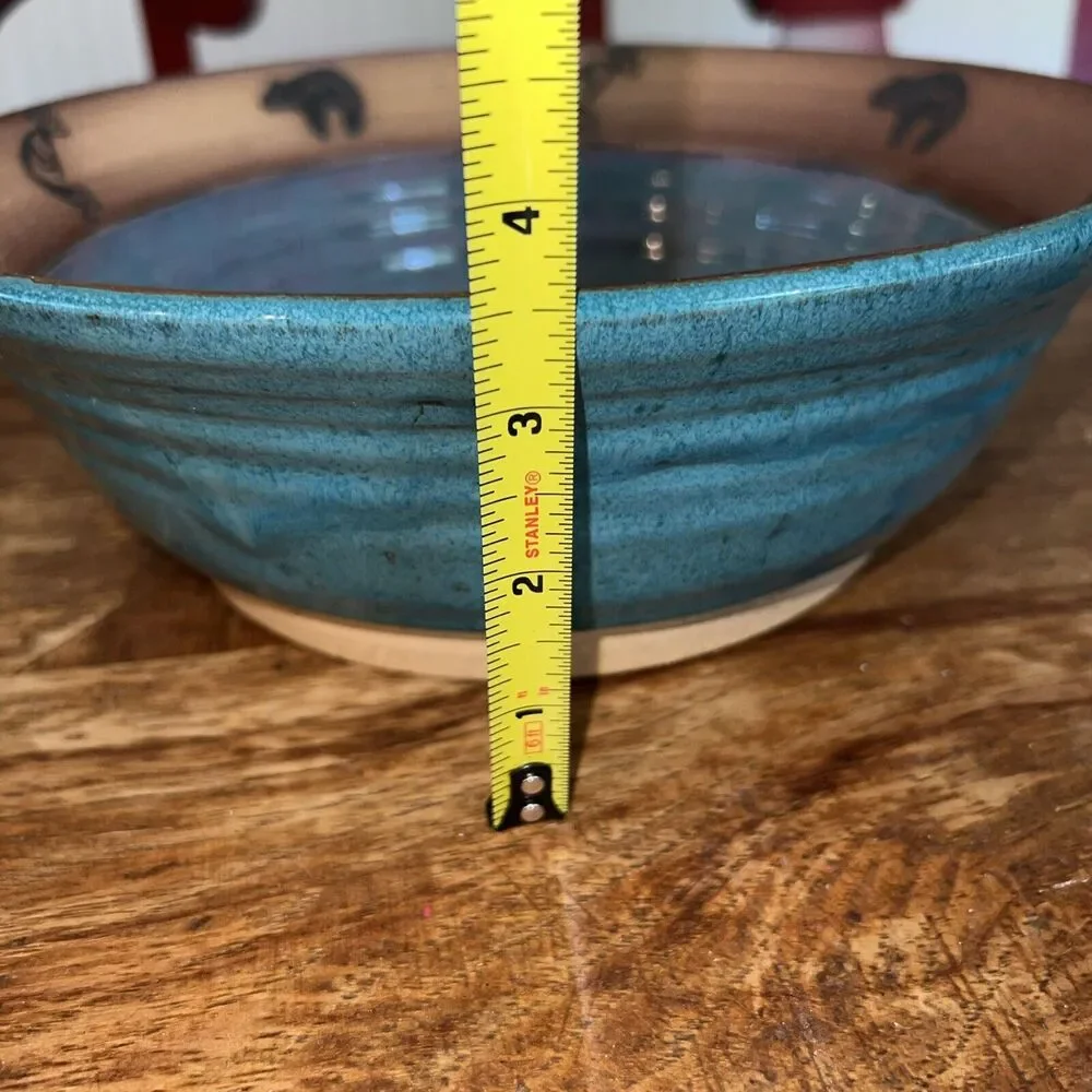 Vintage A&A Art Pottery Centerpiece Bowl Teal Blue Aztec Design Bear RARE